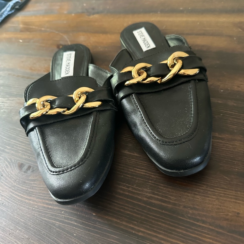 Steve Madden Black Mules with Gold Accents